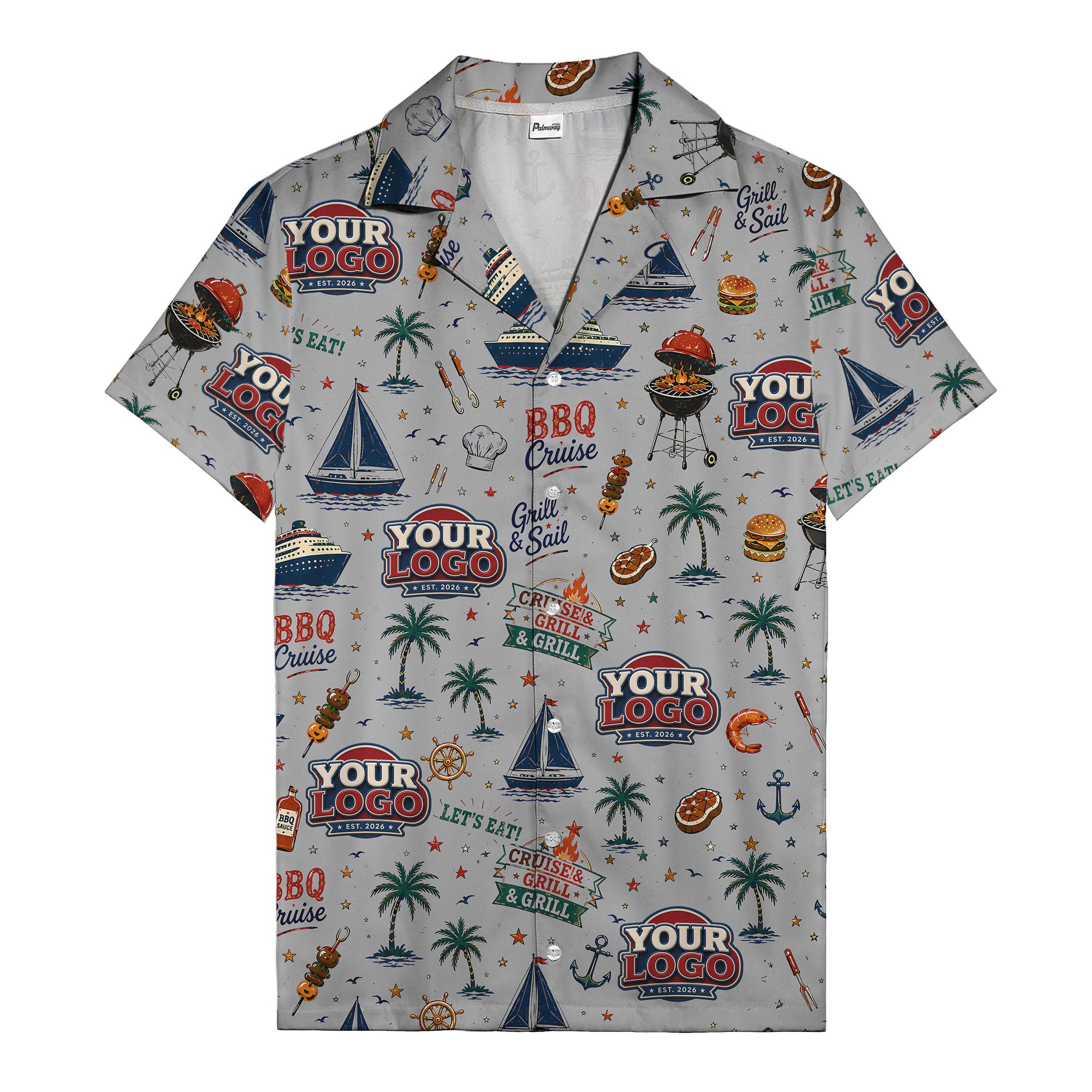 sailboats anchors ship wheels hamburger shrimp steak grill tools hawaiian shirt for men