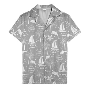 sailboats dolphins palm trees starfish repeat pattern black white hawaiian shirt