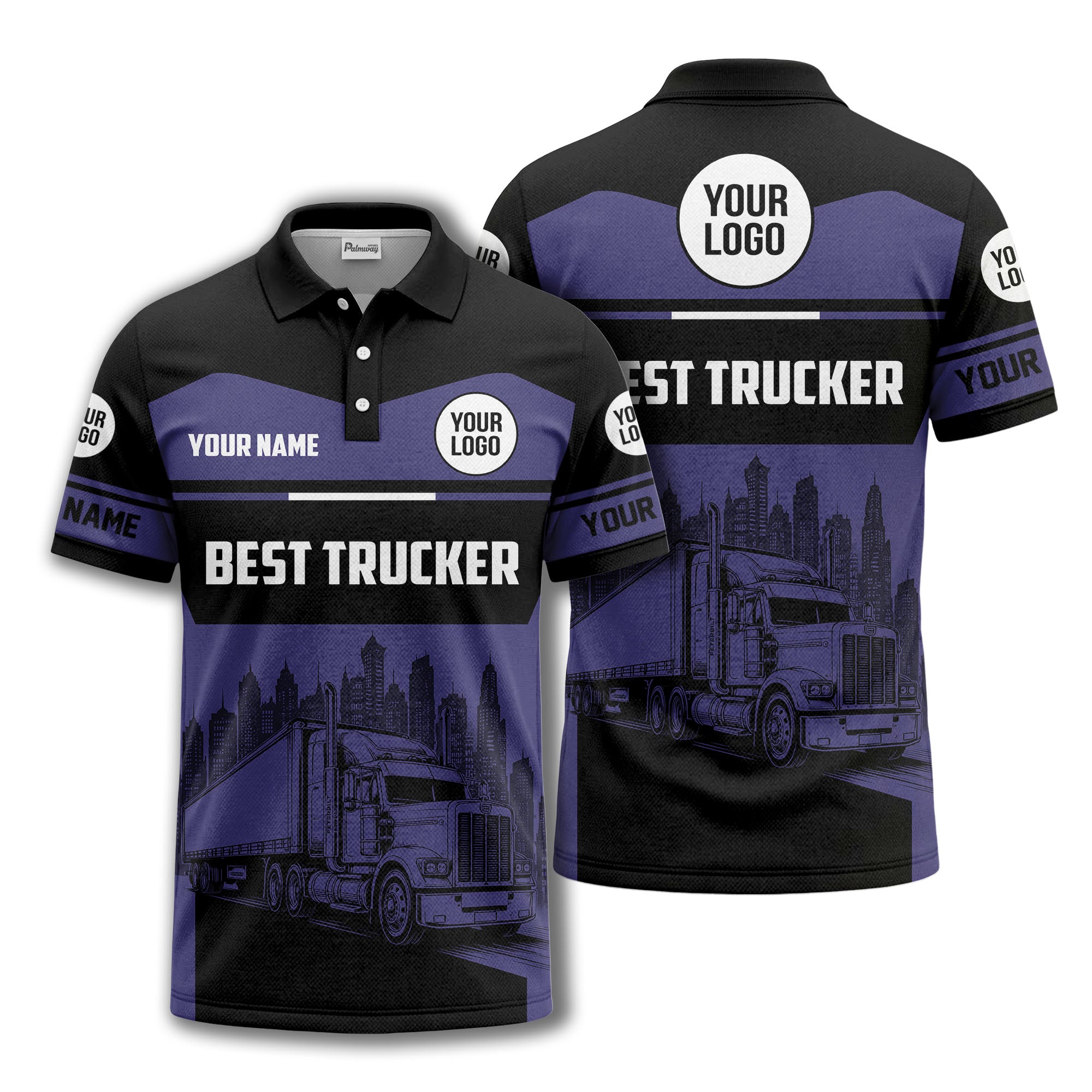 semi-truck cityscape graphic polo shirt for trucker pride