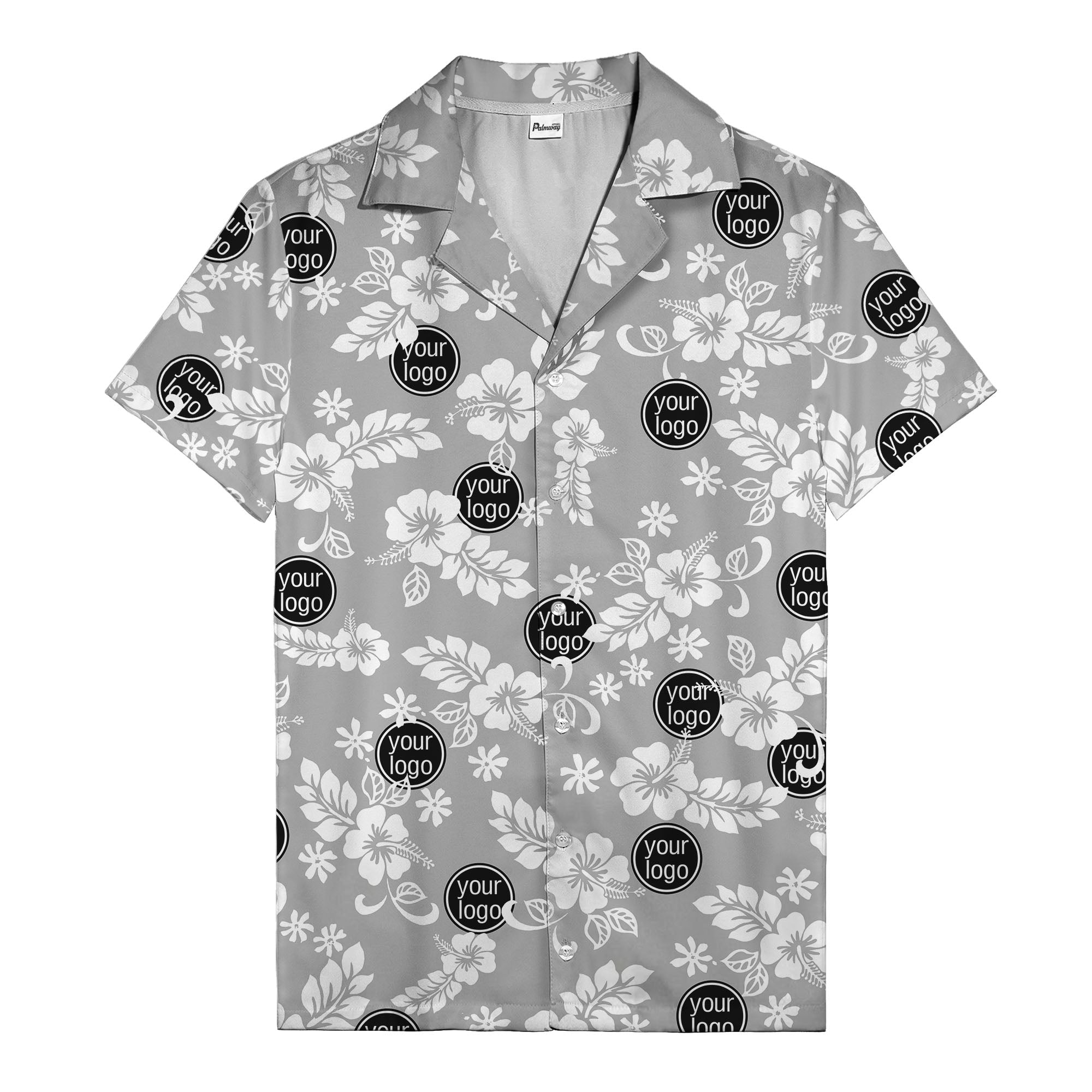 watercolor hibiscus blooms & custom logo navy blue hawaiian shirt