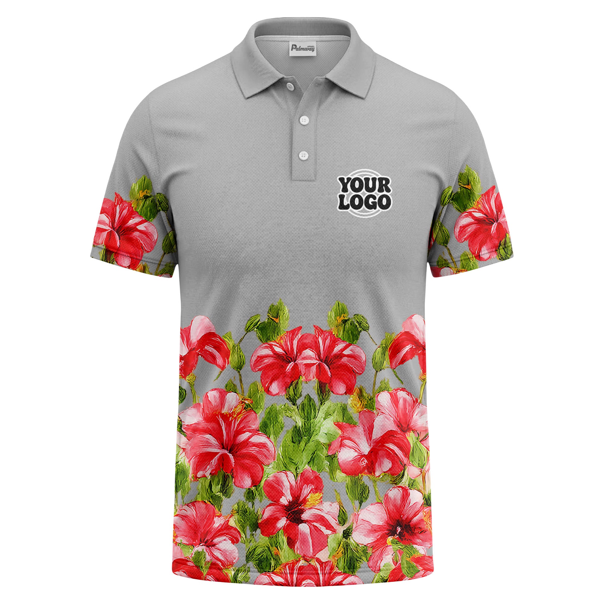watercolor hibiscus & emerald leaf tropical polo shirt for men