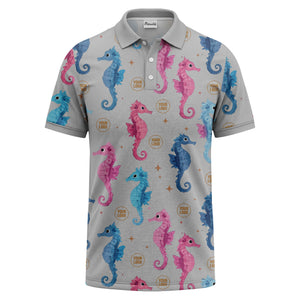 watercolor seahorse repeat marine life polo shirt in pink blue