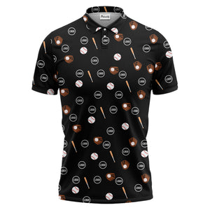 Black Baseball Icons Repeating Illustrated Polo Shirt For Sporty Fans