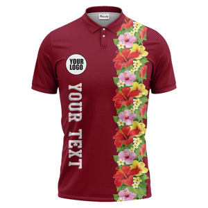 Tropical Floral Fiesta Red Pink Yellow Green Leaves Illustrated Summer Polo Shirt For Men