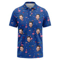Men’s Personalized Face Golf Polo Shirt — Flamingo, Golf Cart & American Flag Print