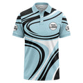Men’s Custom Logo Light Blue, Black & White Abstract Wave Polo Shirt – Personalized Team & Business Uniform