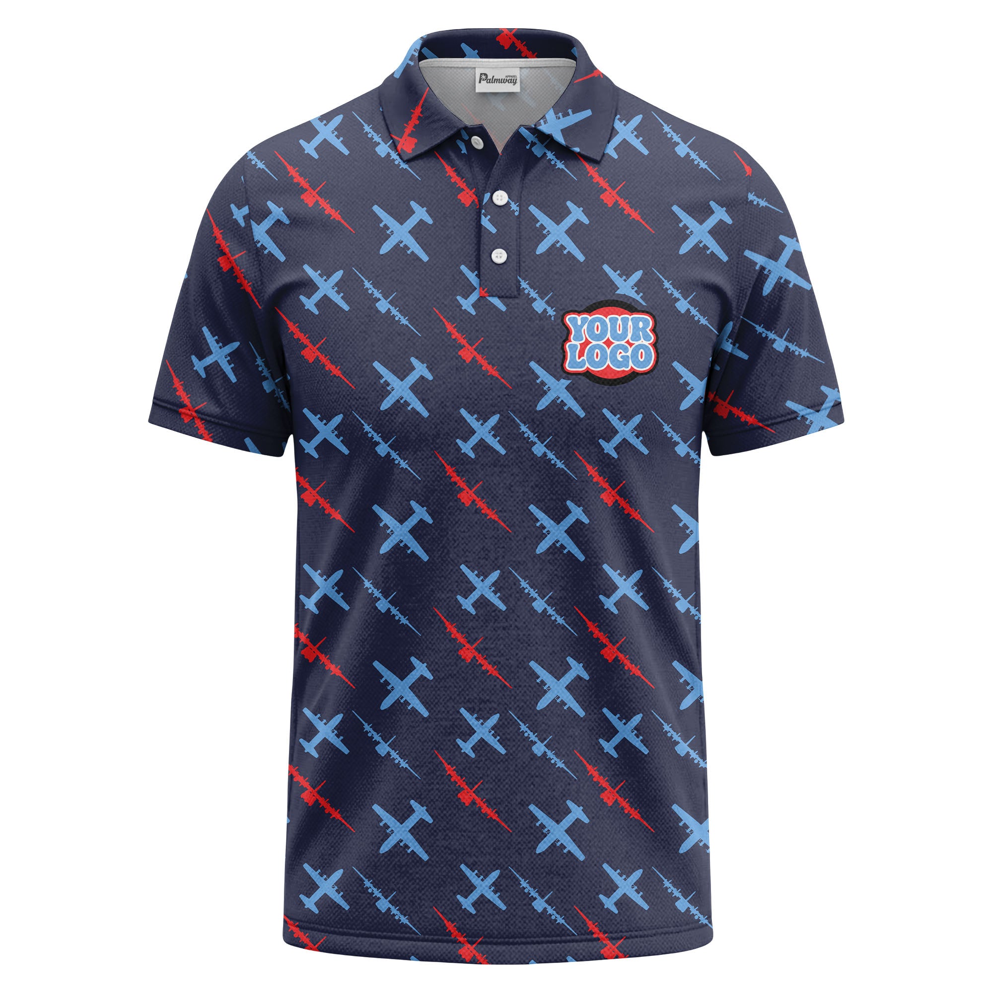 airplane silhouette repeat aviation graphic polo shirt for men