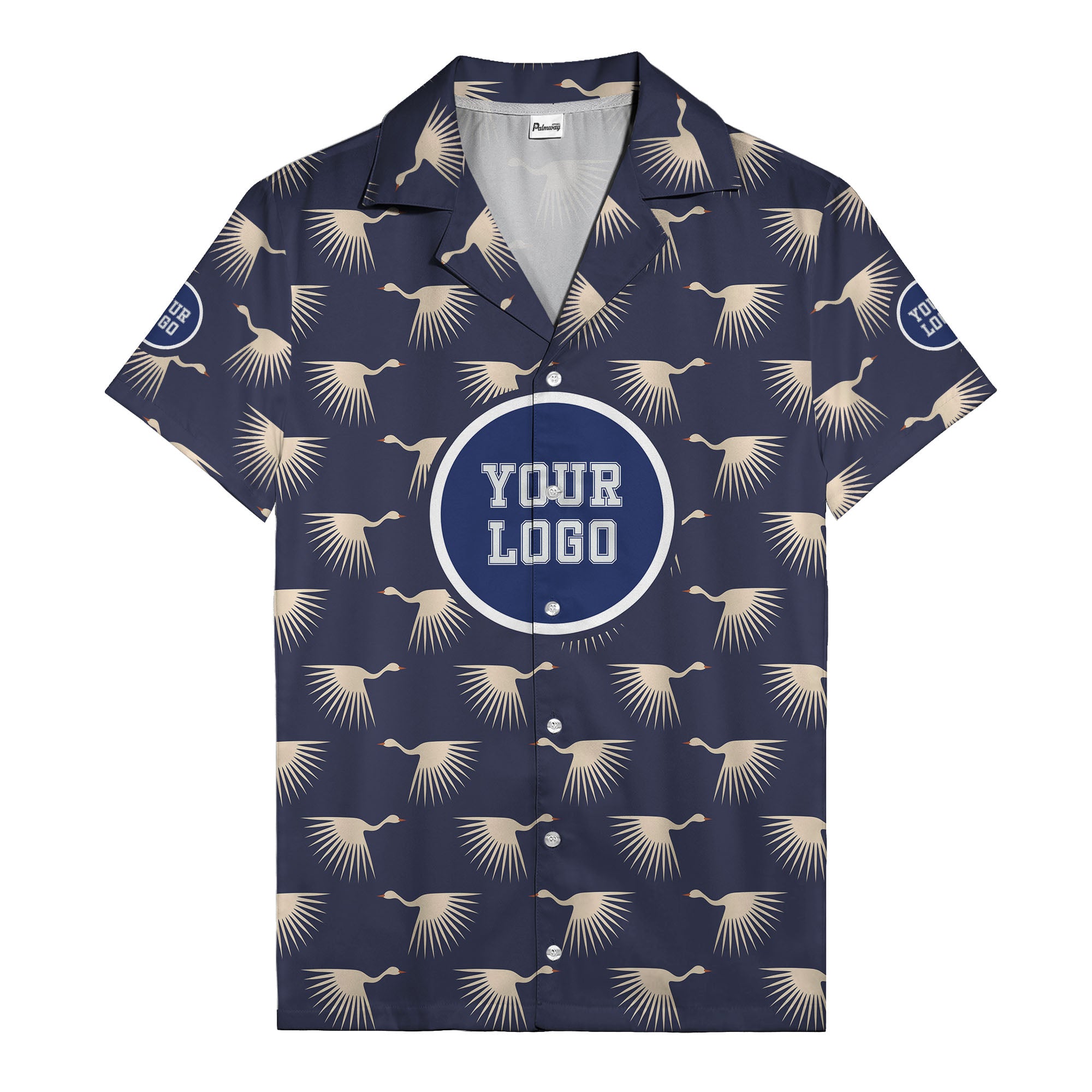 art deco crane silhouette logo beige navy hawaiian shirt