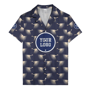 art deco crane silhouette logo beige navy hawaiian shirt
