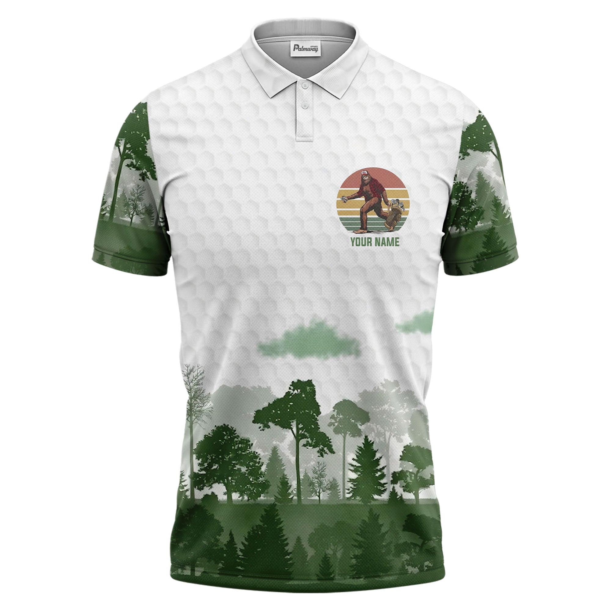 bigfoot golfing in the woods all over print polo shirt for golf lovers