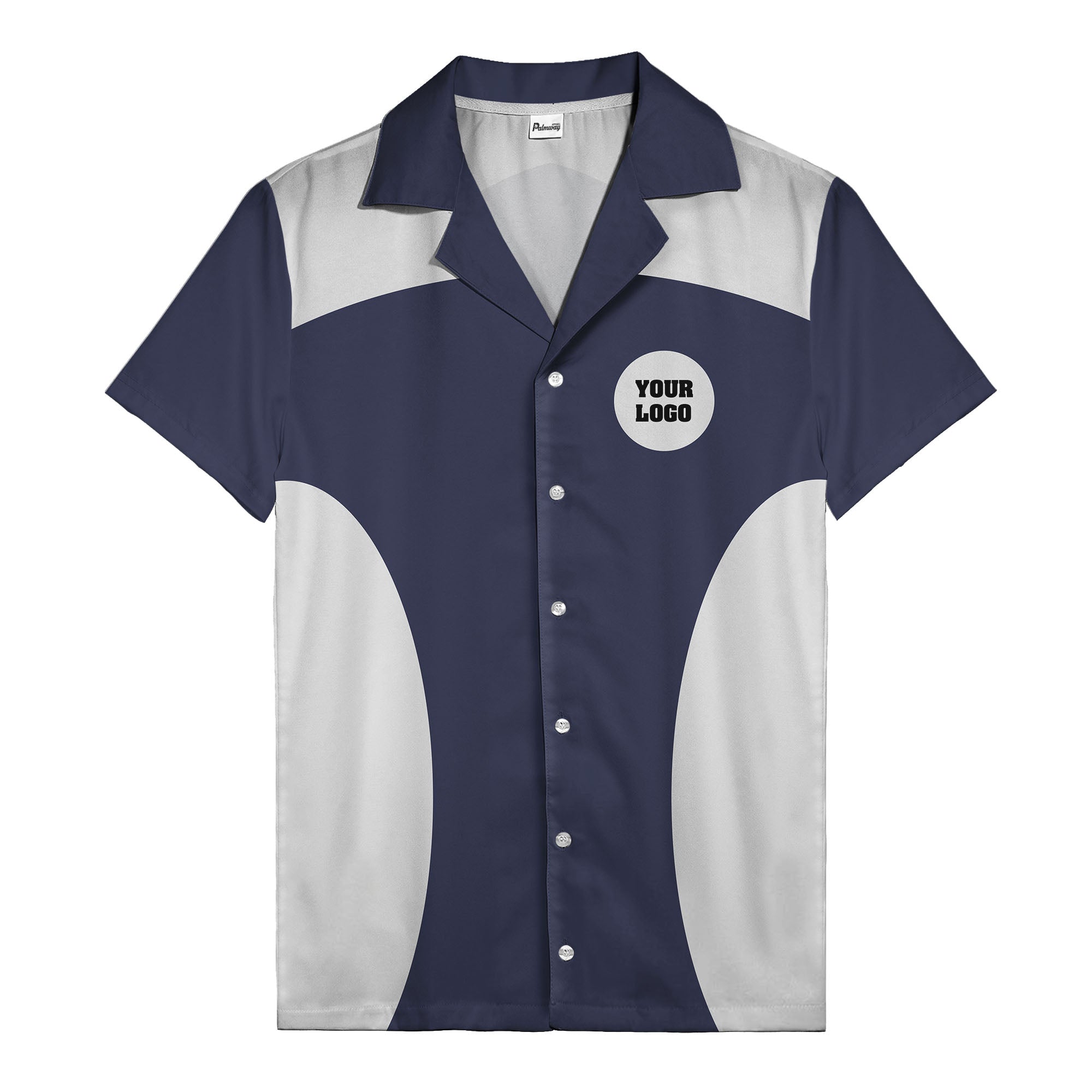 black silver geometric bowling hawaiian shirt with custom logo patch