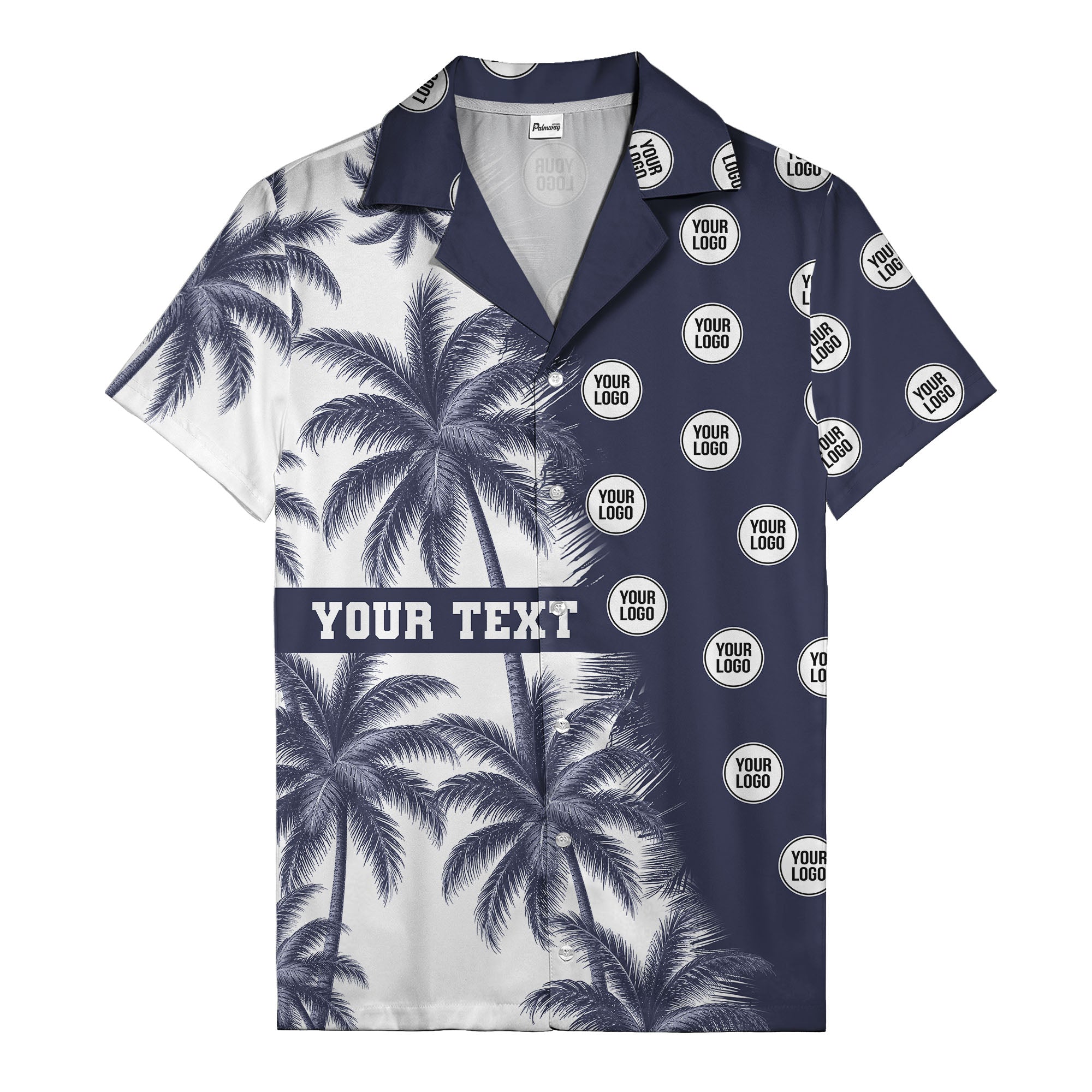 black & white palm tree repeat & custom logo hawaiian shirt for men