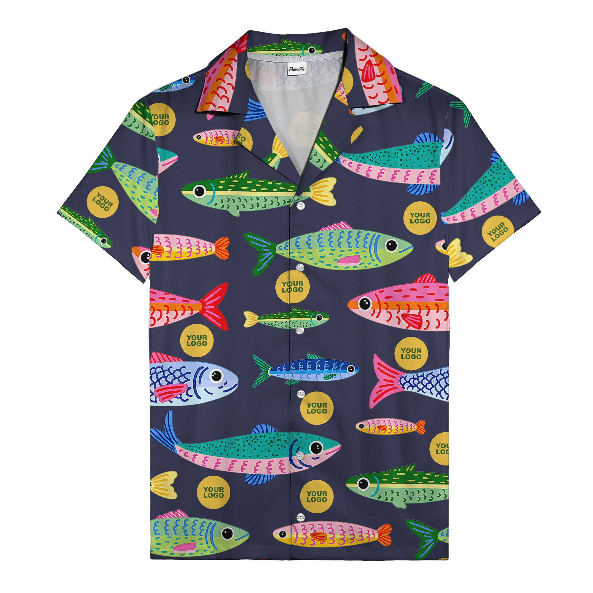colorful cartoon fish & gold circle logo hawaiian shirt for men