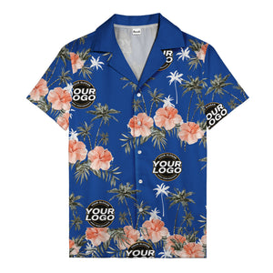 coral pink hibiscus & palm trees on black hawaiian shirt for men