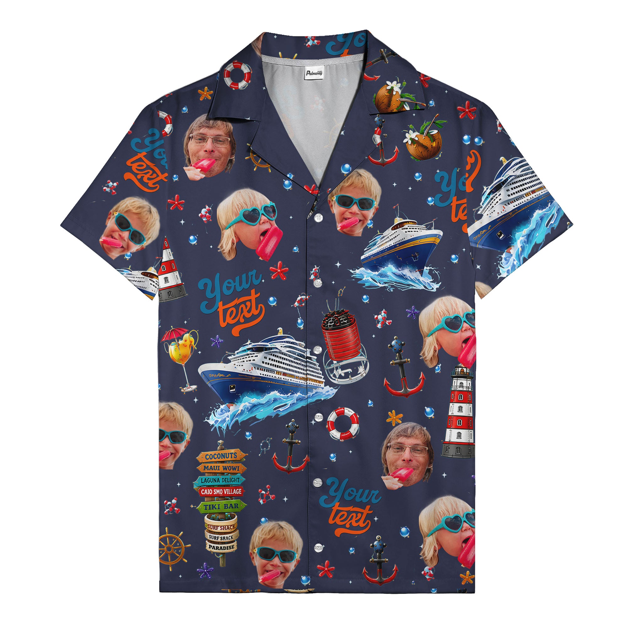 cruise ship faces & cocktail signs cartoon hawaiian shirt