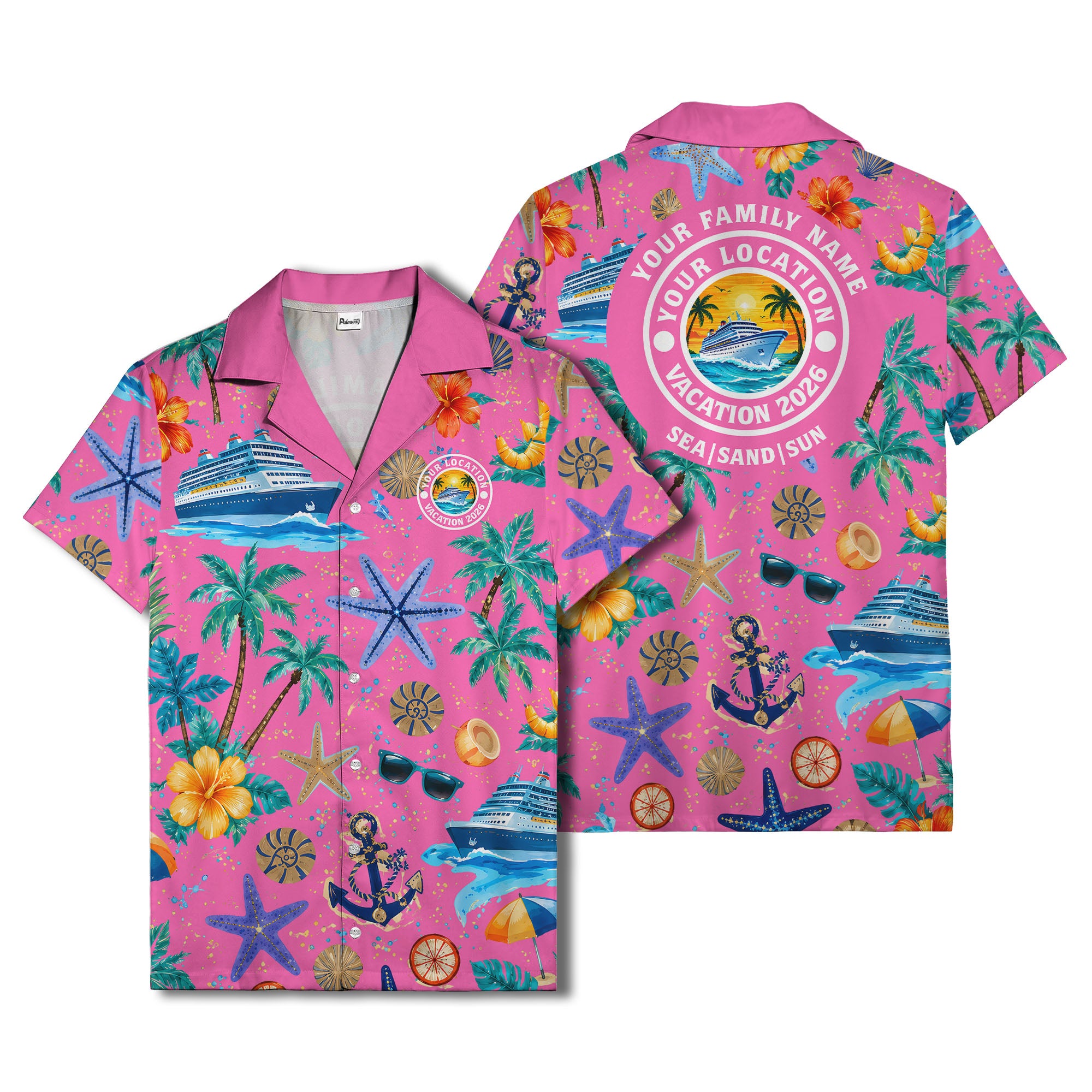 cruise ship palm trees starfish watercolor hawaiian shirt