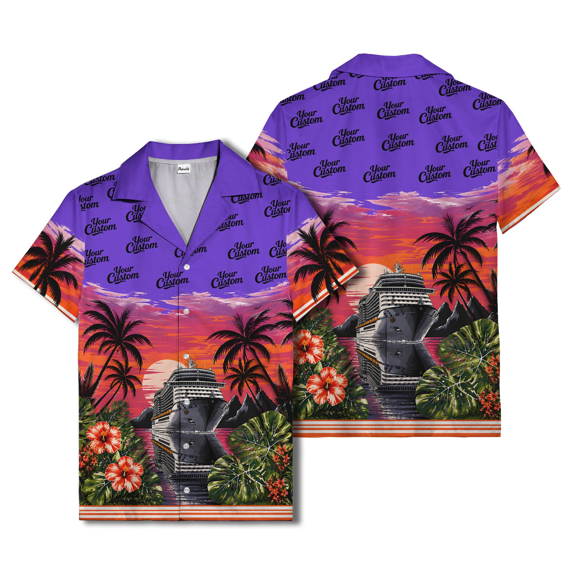 cruise ship sunset palm trees hibiscus flowers hawaiian shirt for men