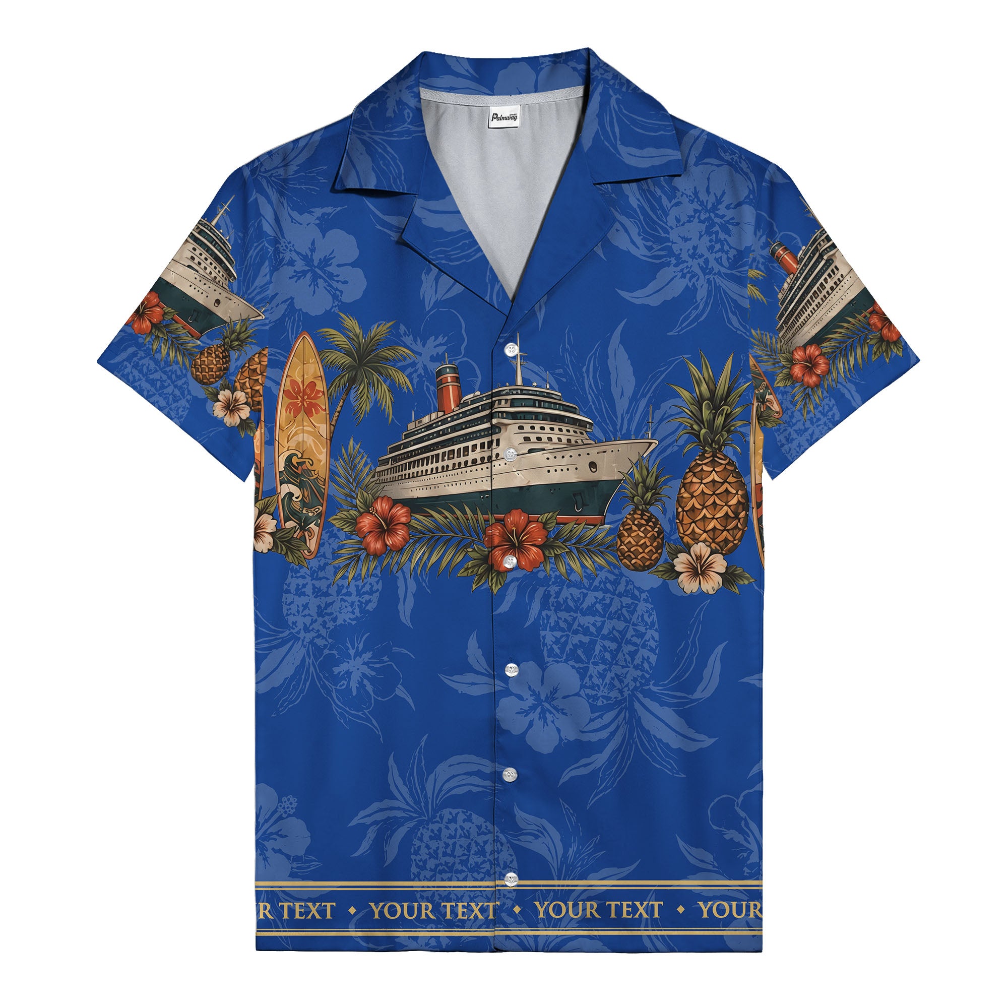 cruise ship surfboard pineapple palm hibiscus hawaiian shirt