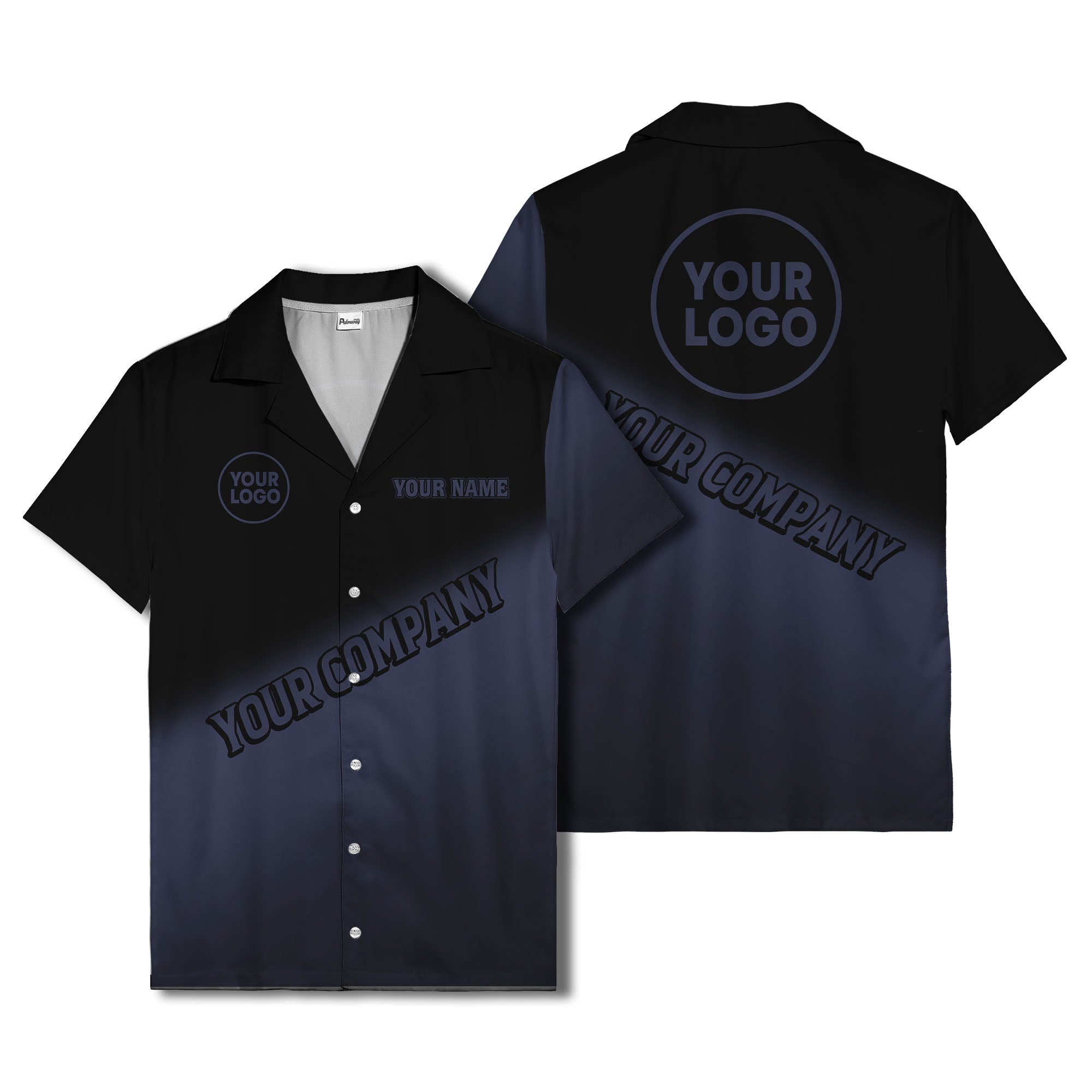 custom logo gradient black white corporate hawaiian shirt
