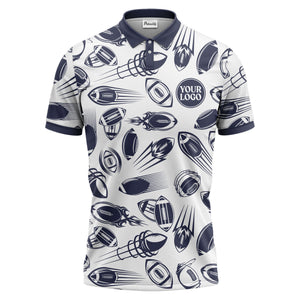dynamic footballs & speed lines graphic black white sports polo shirt