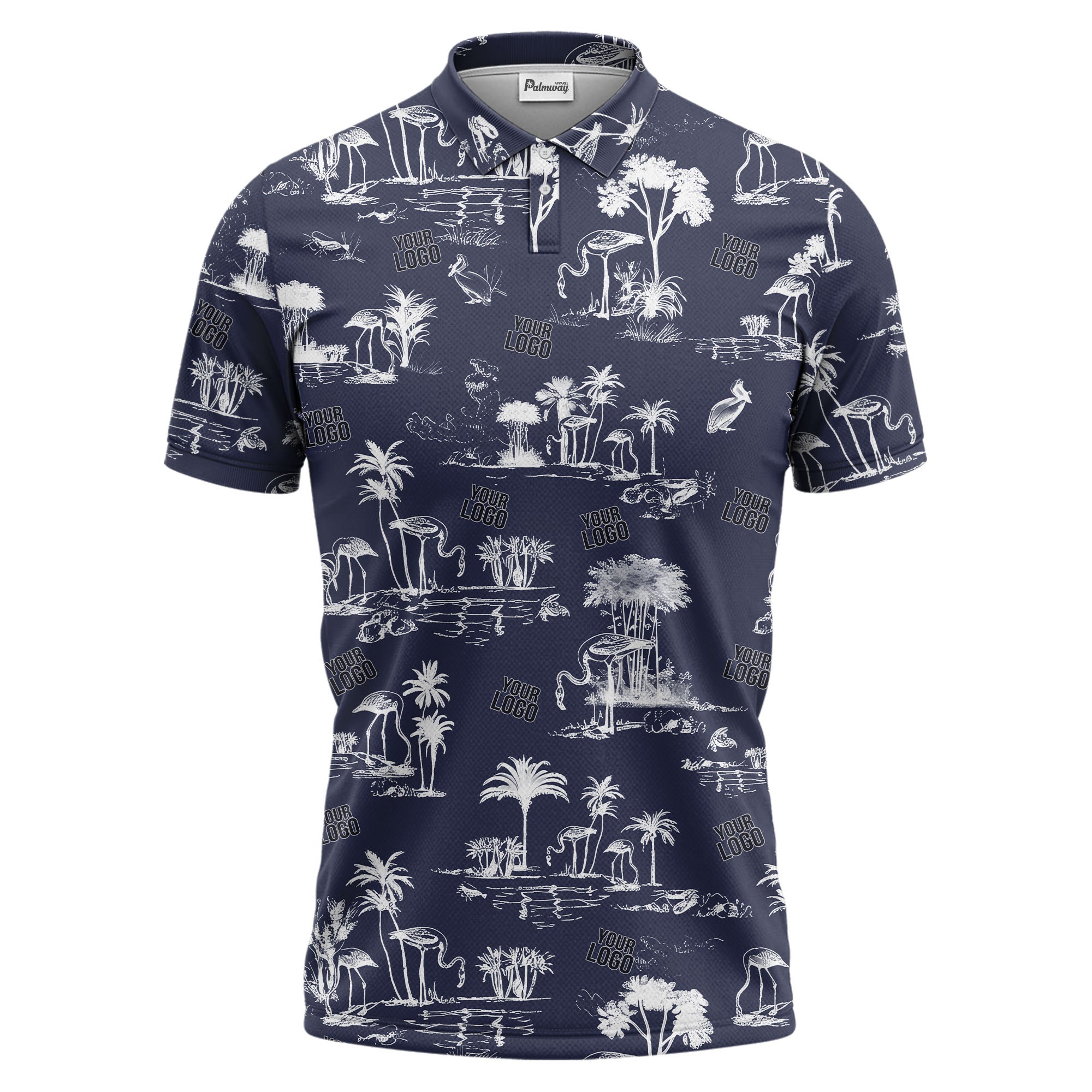 flamingo oasis palm trees sketch pattern black white polo shirt for men