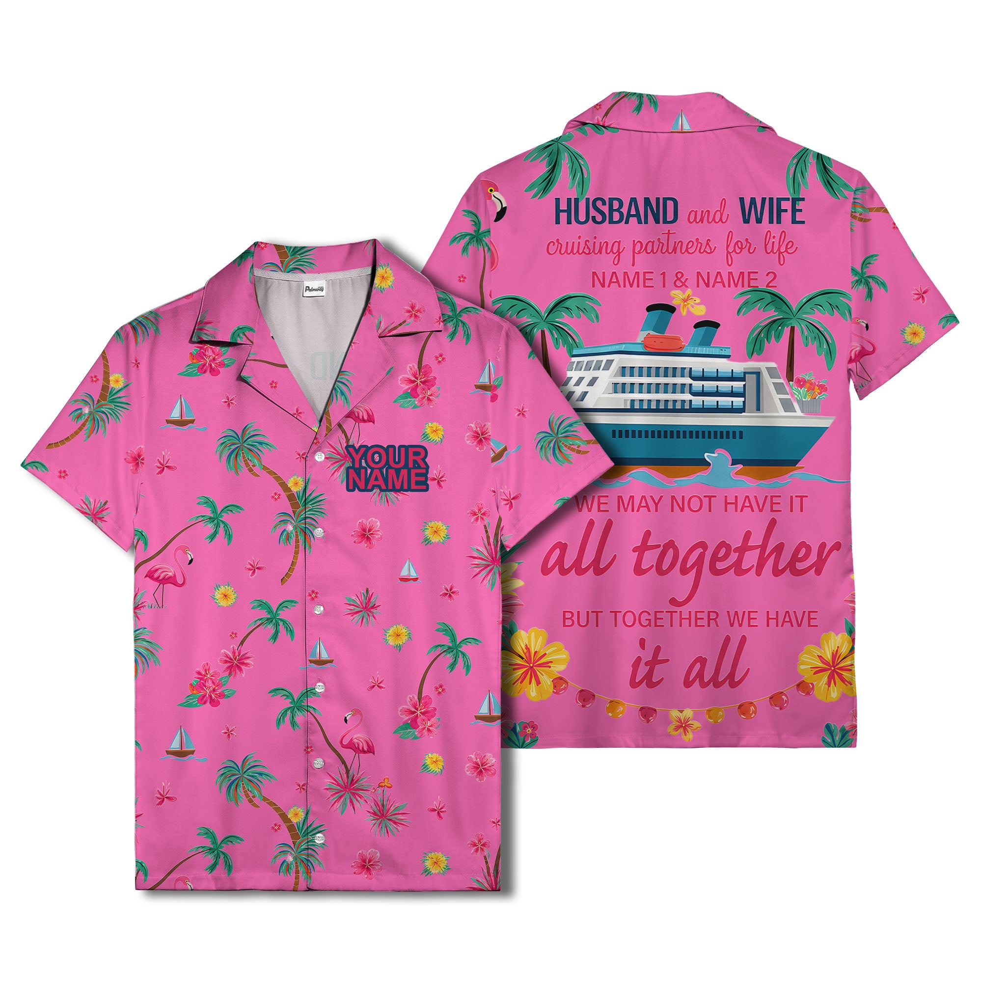 flamingo sailboat hibiscus palm watercolor hawaiian shirt