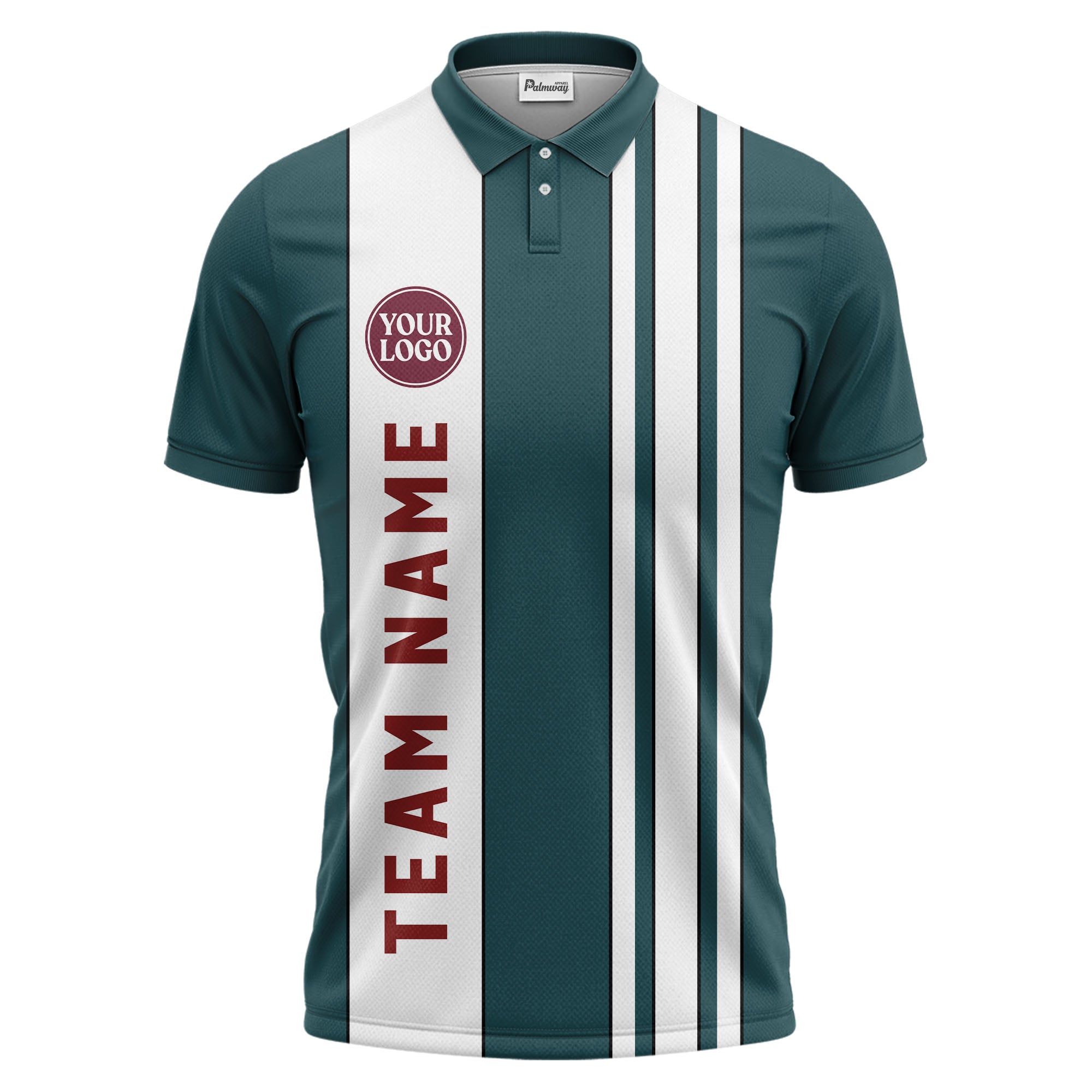 Geometric Maroon Black White Striped Team Polo Shirt With Custom Text Panel