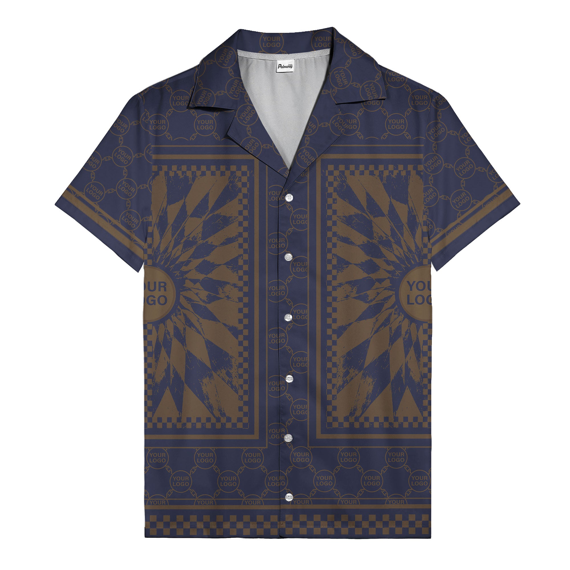 geometric palm leaves checkerboard border hawaiian shirt for men