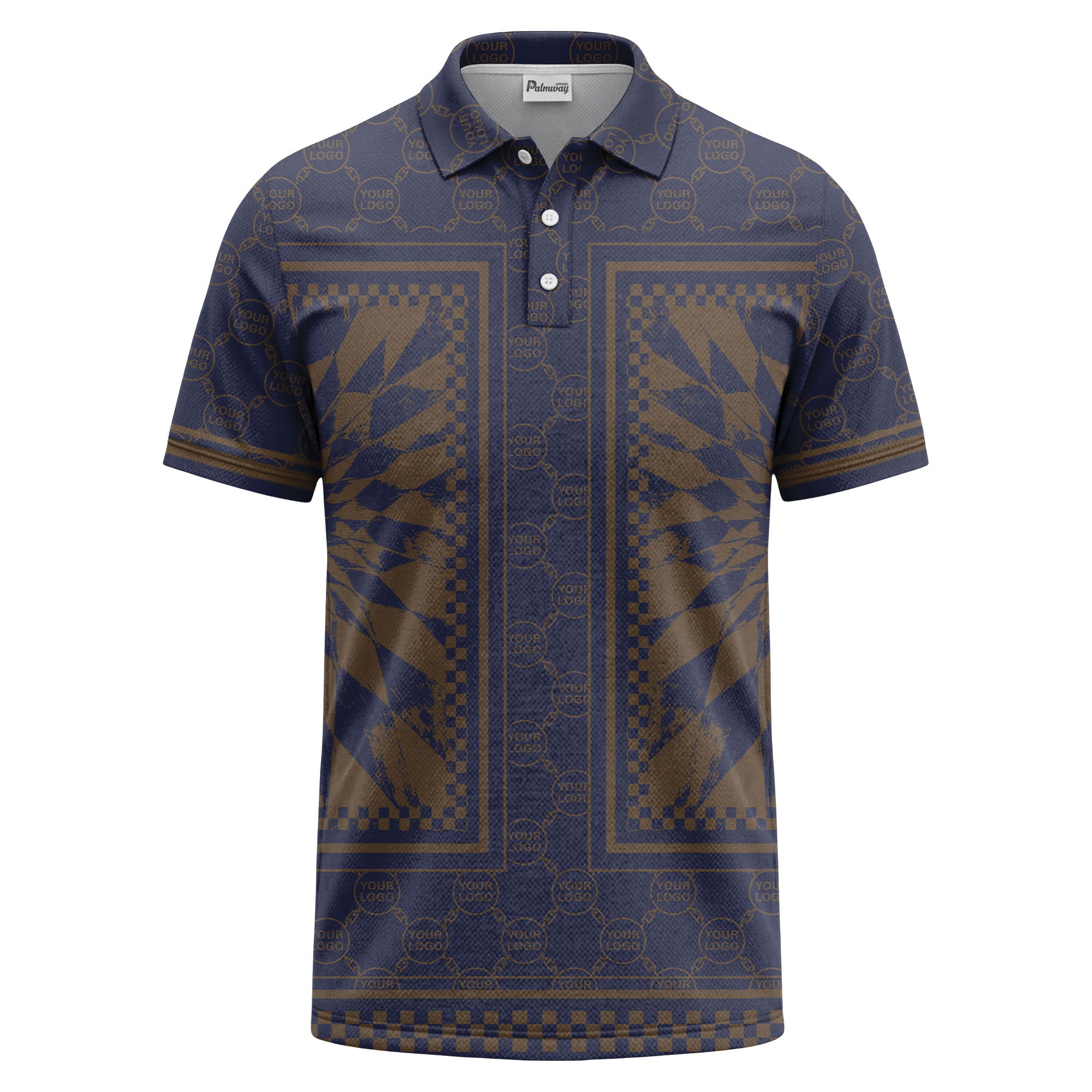 geometric palm leaves checkerboard border polo shirt