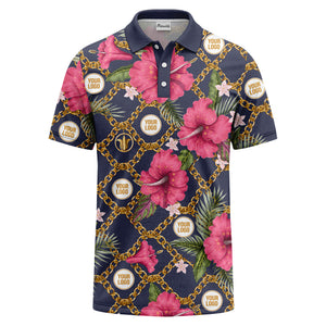 gold chain & pink hibiscus luxury illustrated polo shirt for men