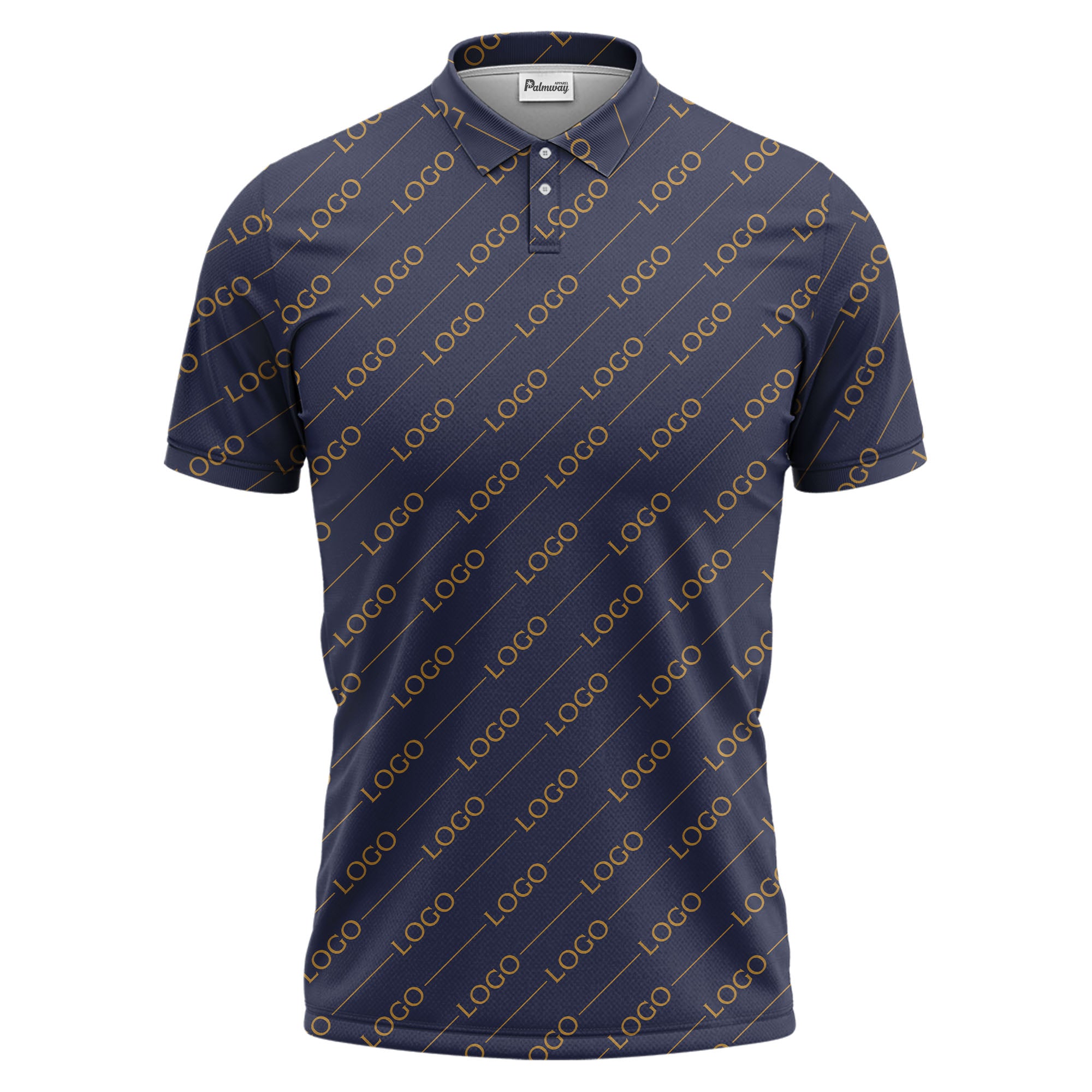 gold custom logo repeat pattern on black luxury minimalist polo shirt