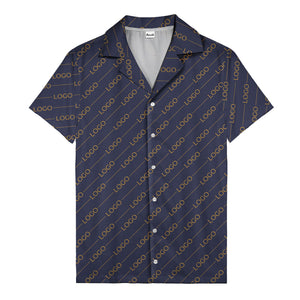 gold diagonal logo repeat pattern on black hawaiian shirt for men