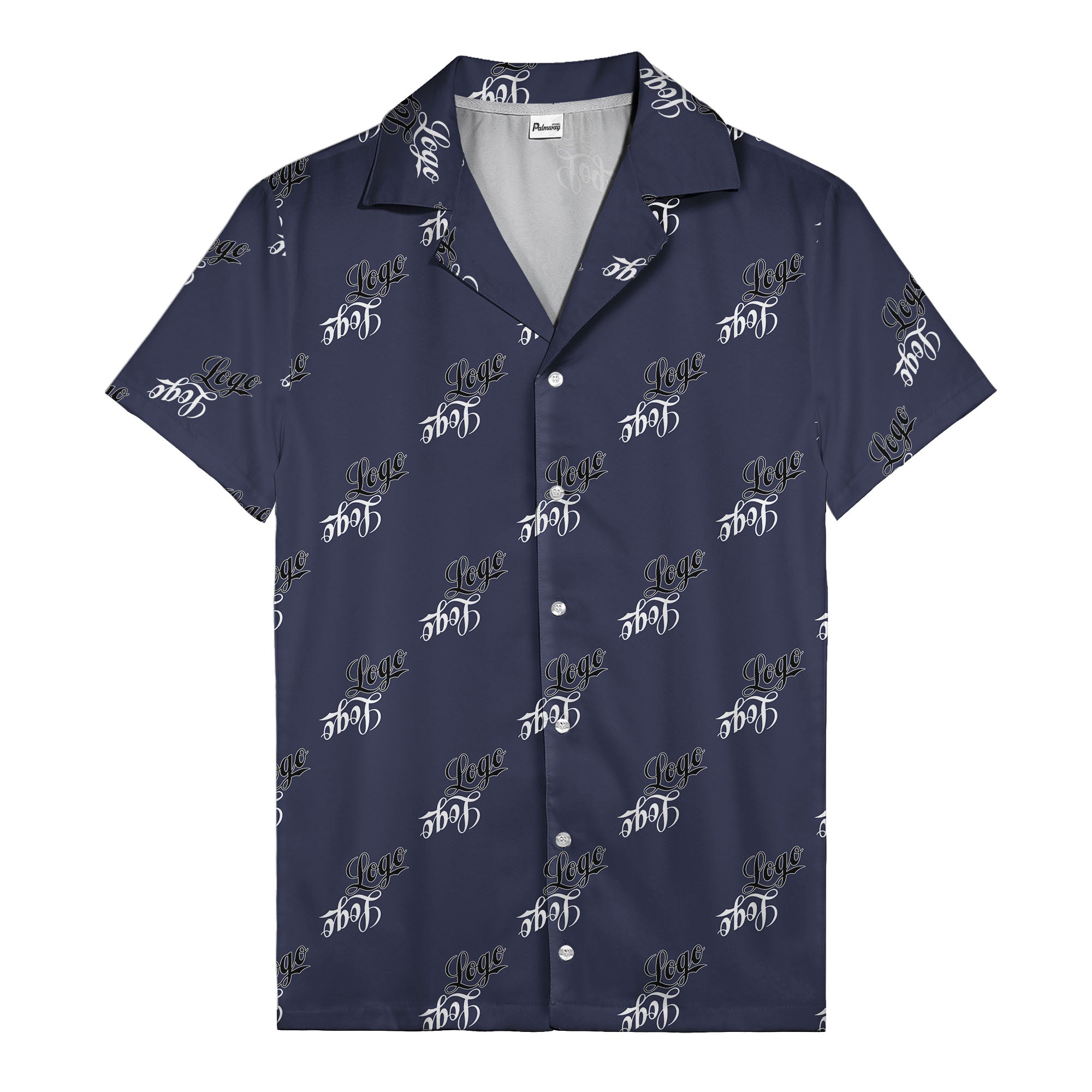 hand-drawn calligraphic script logo repeat black white hawaiian shirt for men