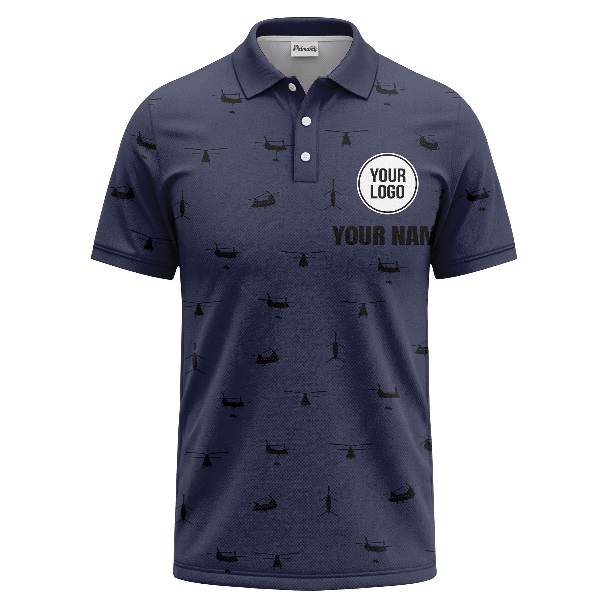 helicopter silhouette repeat pattern custom logo men's aviation polo shirt