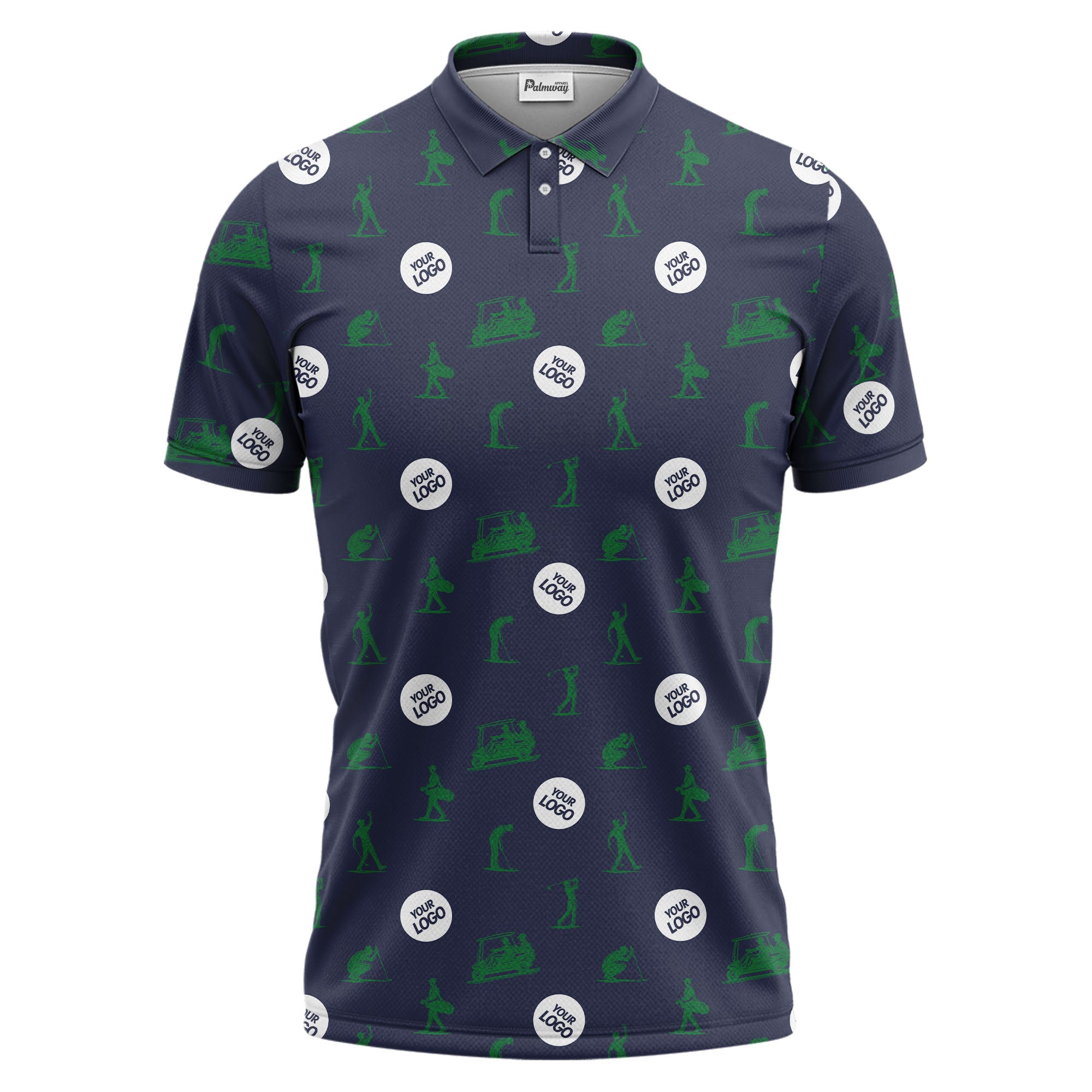 illustrated golfers golf carts repeating on green polo shirt for weekend fairway fun