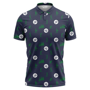 illustrated golfers golf carts repeating on green polo shirt for weekend fairway fun