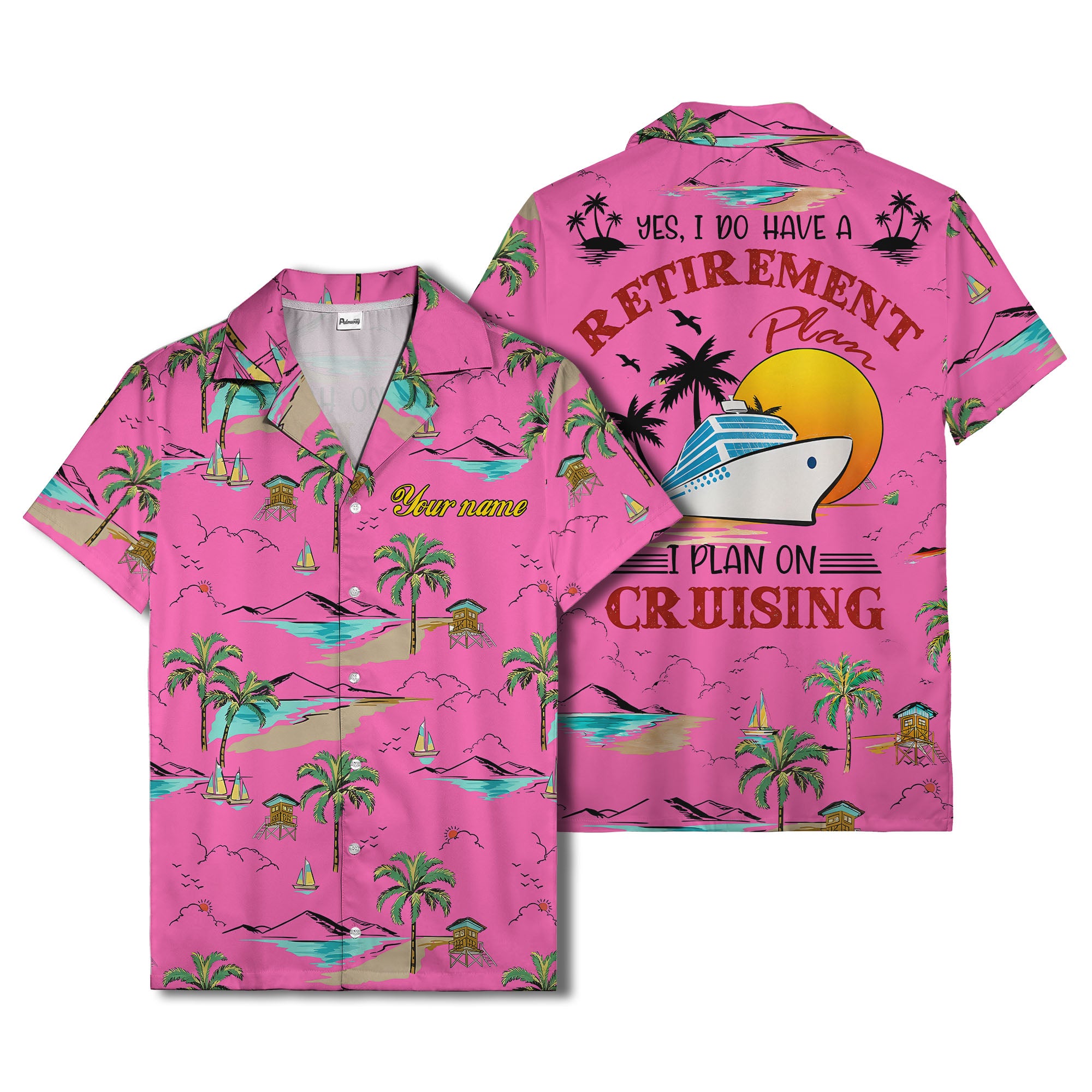 island paradise palm trees & sailboats sunset hawaiian shirt