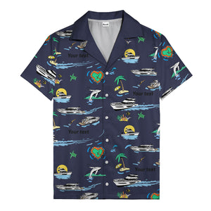 luxury yacht & heart-shaped island cartoon hawaiian shirt