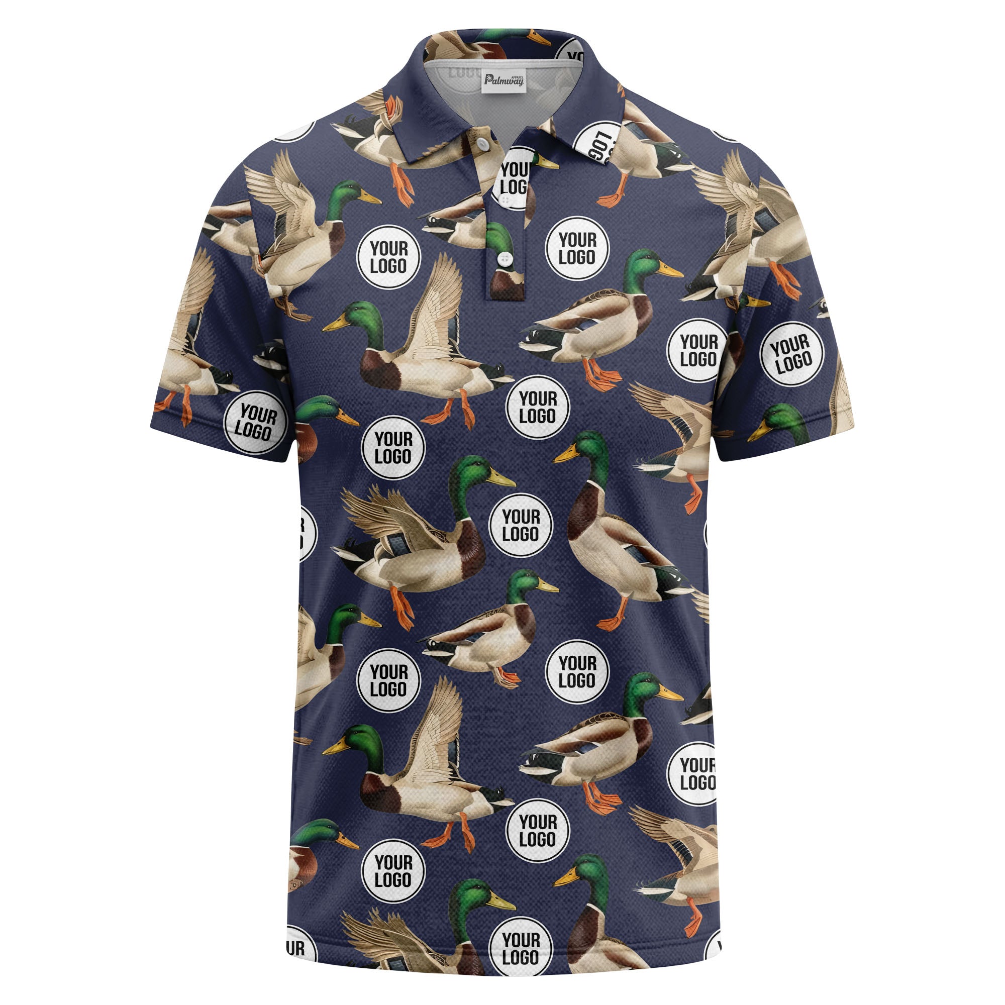 mallard duck flock & custom logo repeat photorealistic polo shirt