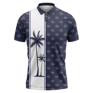 monochrome palm tree silhouette & logo repeat polo shirt