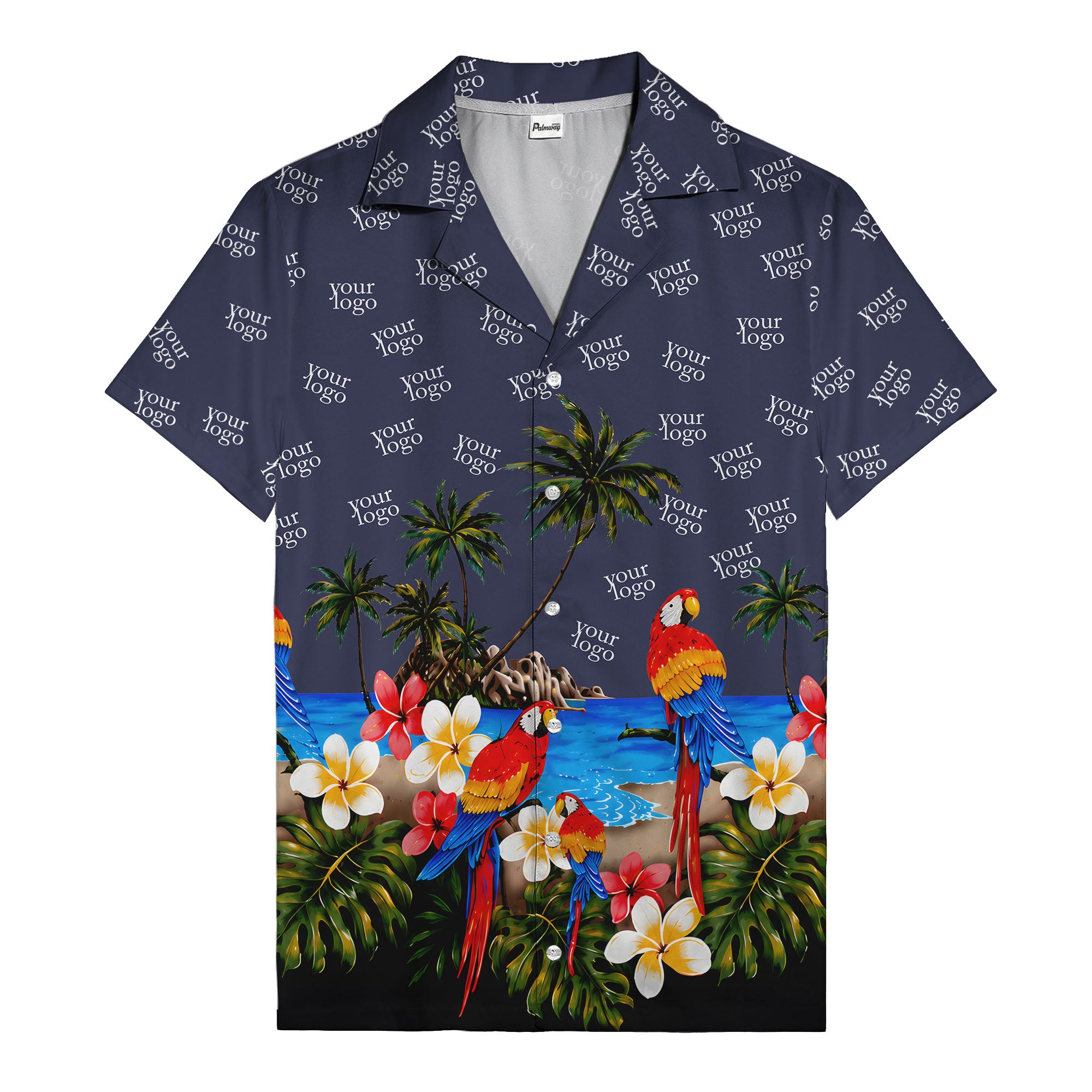parrot paradise palm trees plumeria beach scene hawaiian shirt