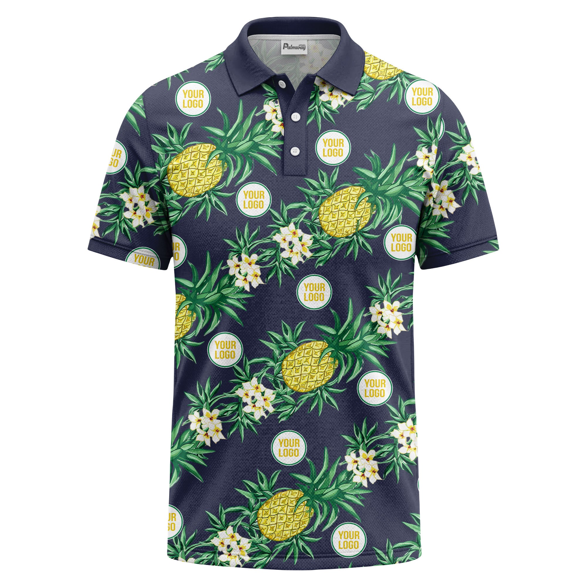pineapple plumeria repeat pattern black polo shirt for men