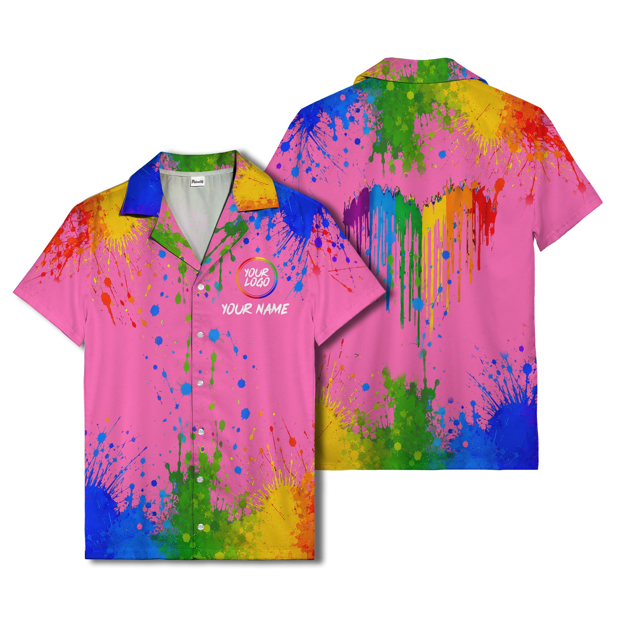 rainbow paint splatter abstract art hawaiian shirt with customizable name