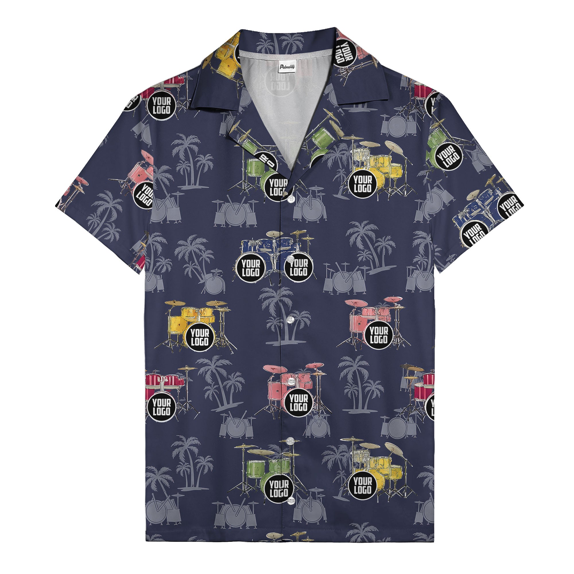 rockin' drum kits & palm trees repeat hawaiian shirt for musicians