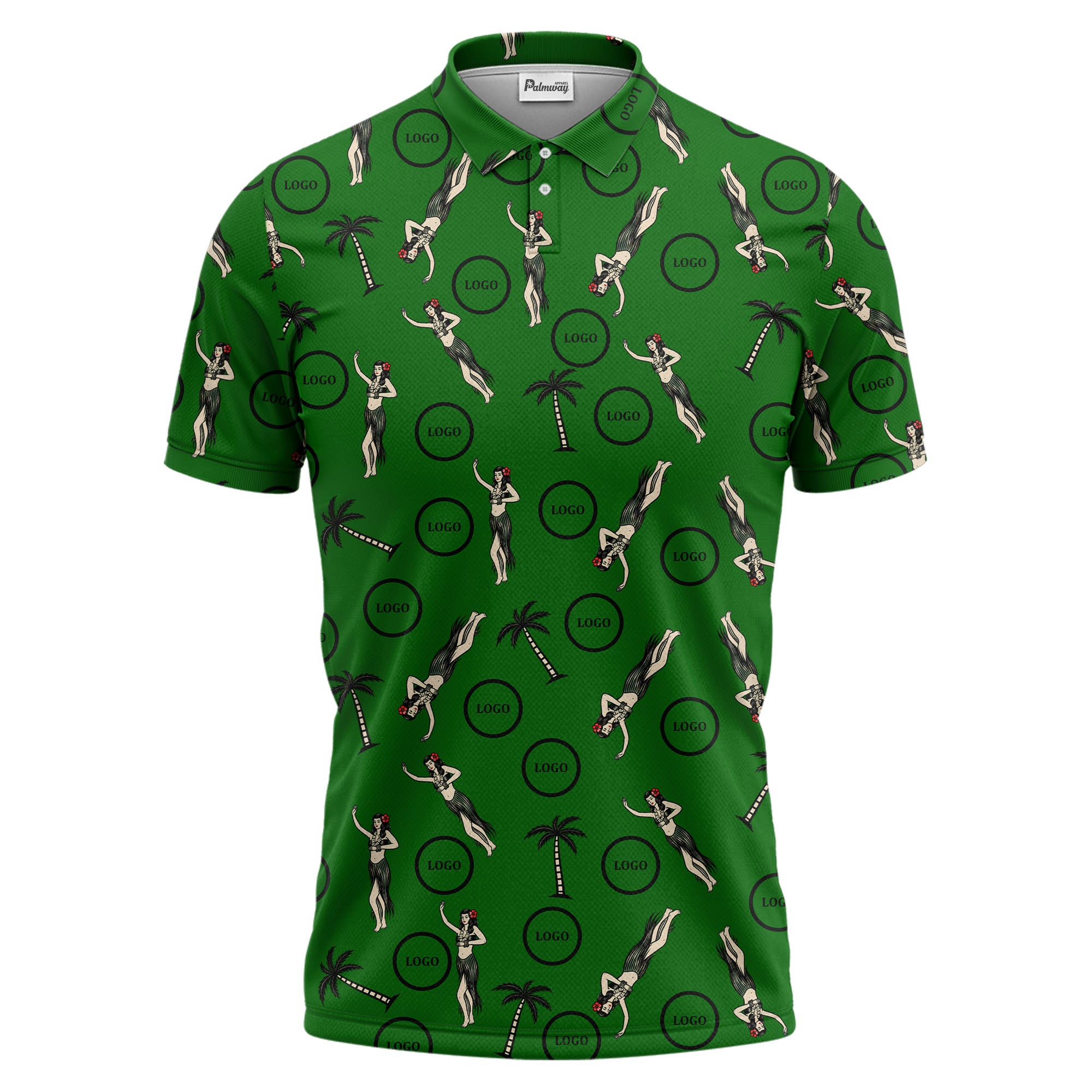 vintage hula dancers & palm trees black hawaiian polo shirt for men
