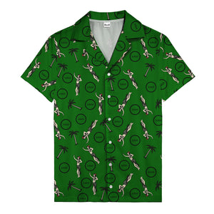 vintage hula dancers palm trees circular logo black hawaiian shirt for men