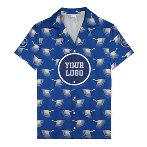 art deco crane silhouette logo beige navy hawaiian shirt