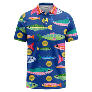 colorful cartoon fish & custom logo repeat all-over print polo shirt