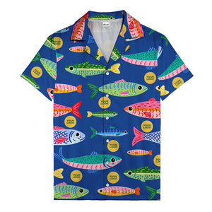 colorful cartoon fish & gold circle logo hawaiian shirt for men
