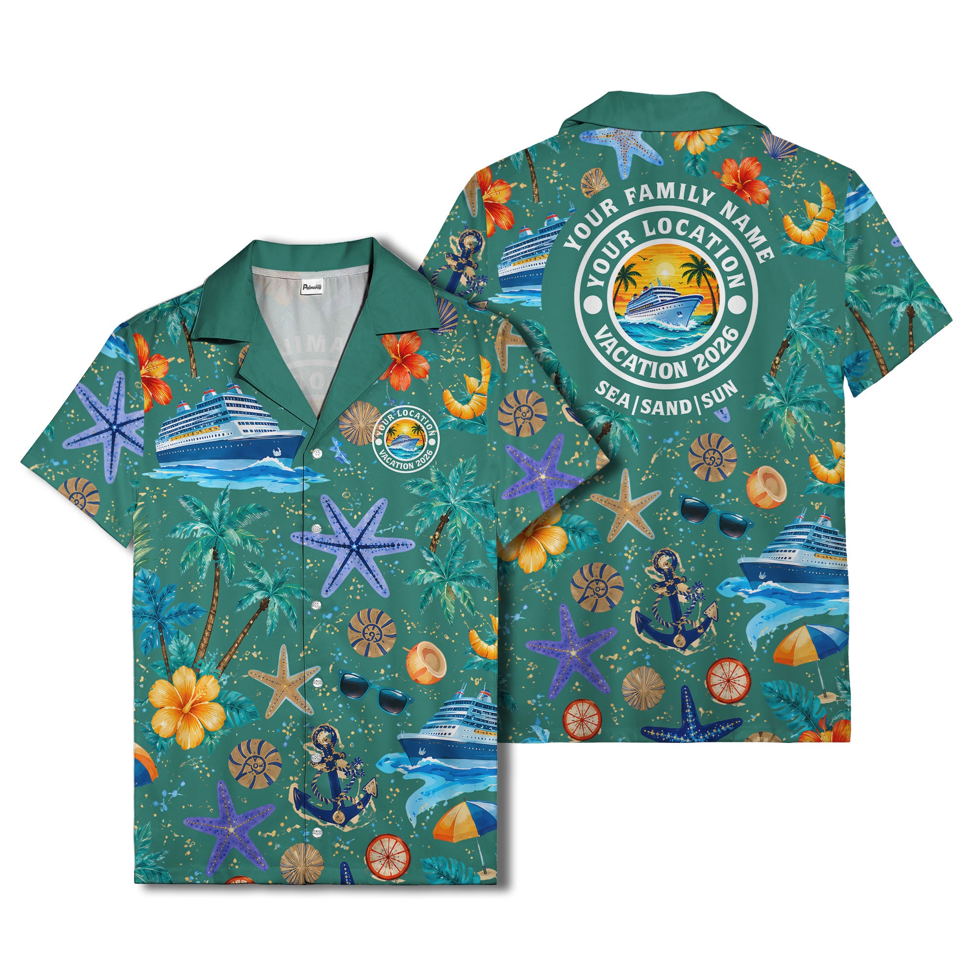 cruise ship palm trees starfish watercolor hawaiian shirt